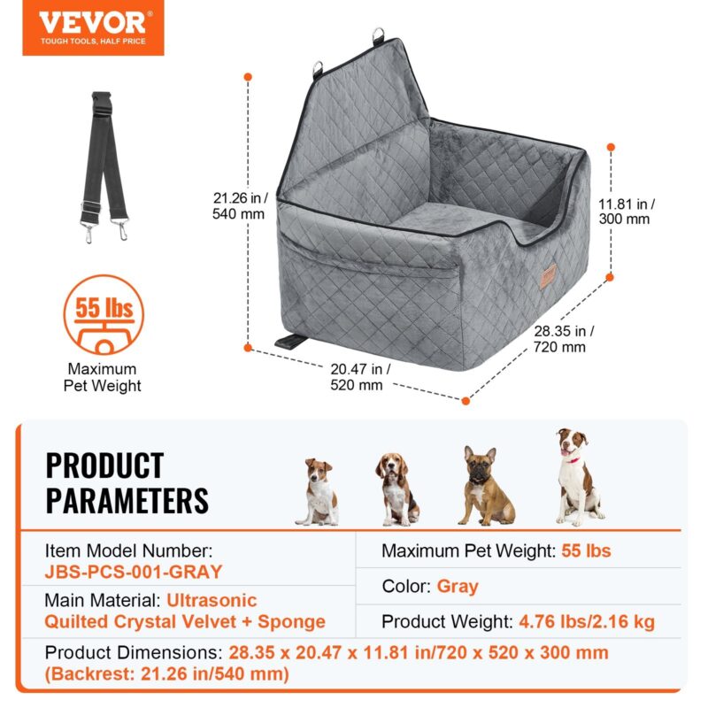 VEVOR Dog Booster Car Seat for Pets Up to 55 lbs, Gray - Image 4