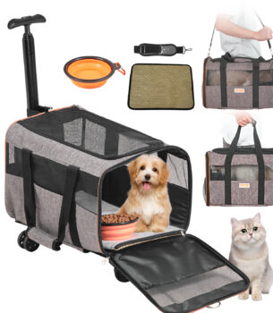 VEVOR Cat & Dog Carrier with Wheels, Airline Approved, Grey