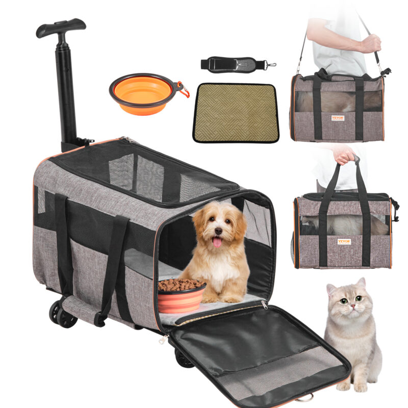 VEVOR Cat & Dog Carrier with Wheels, Airline Approved, Grey