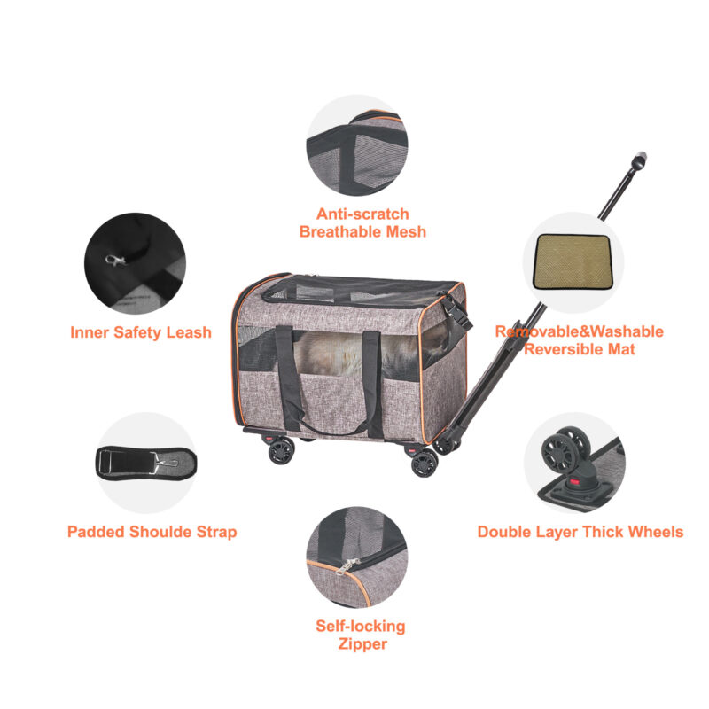 VEVOR Cat & Dog Carrier with Wheels, Airline Approved, Grey - Image 4