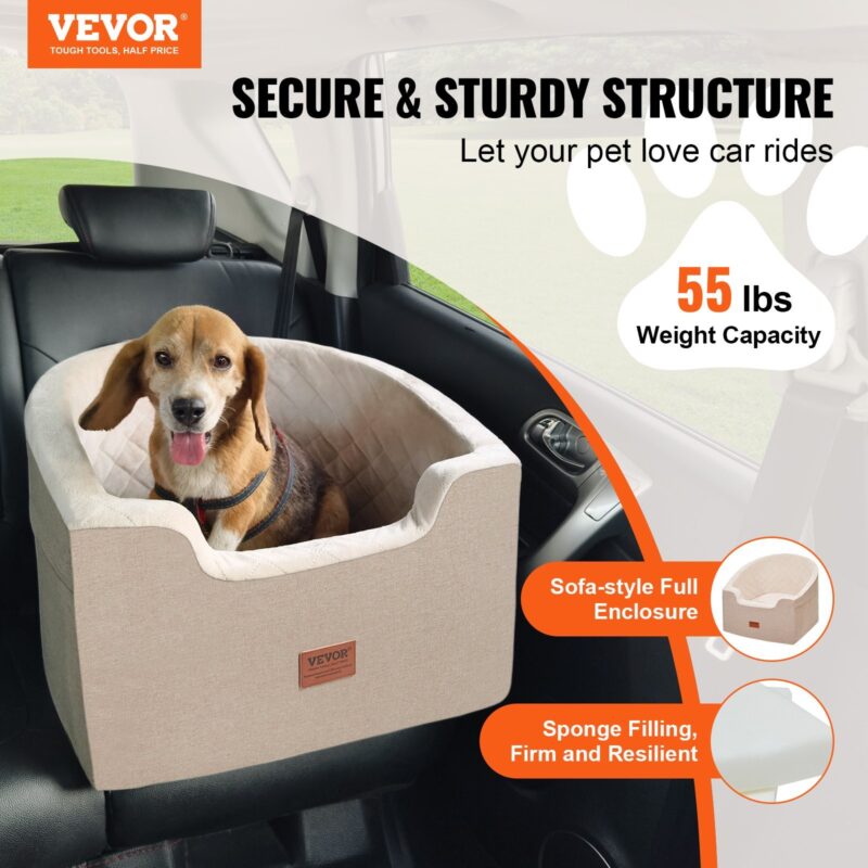 VEVOR Dog Booster Car Seat for Small & Medium Pets, 55 lbs, Brown
