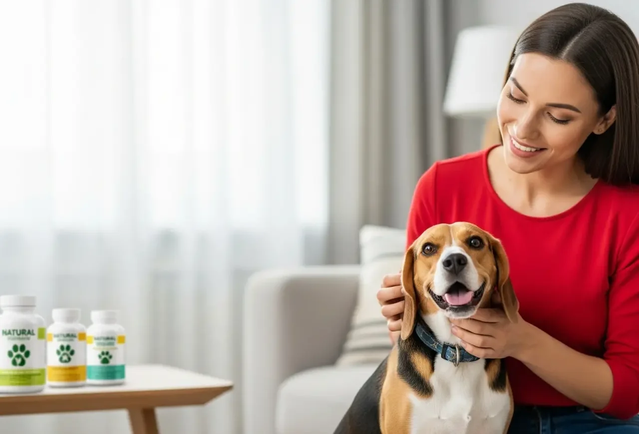 woman in red top happily petting her shiny-coated female beagle dog at home with pet supplements in background