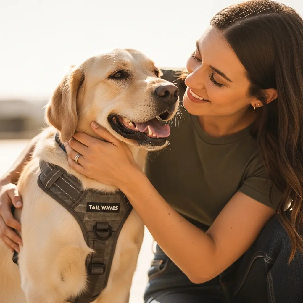 a young woman bonding with her female golden retriever